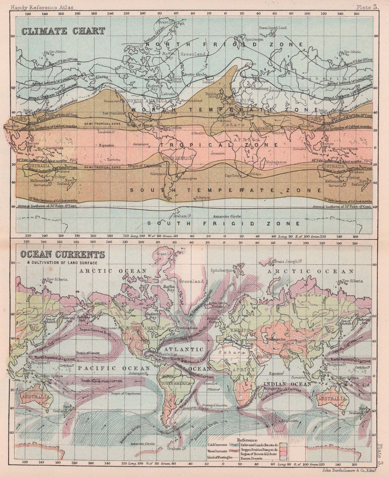 Climate Chart, Ocean Currents & Land cultivation. World. BARTHOLOMEW 1893 map